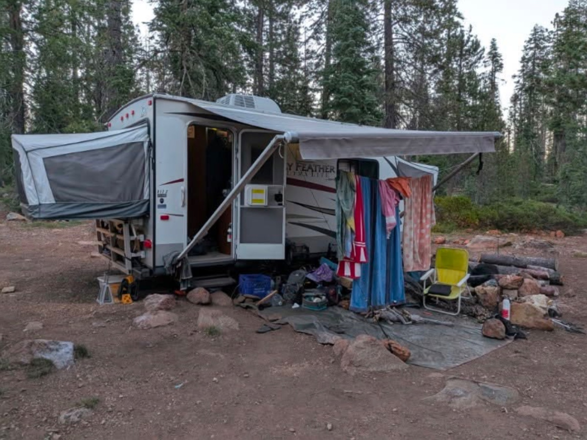The trailer where the suspects were staying near the Gumboot Lake Campground in Siskiyou County, according to a complaint.