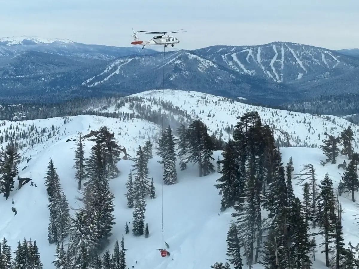 A helicopter conducts avalanche mitigation efforts on Feb. 20.