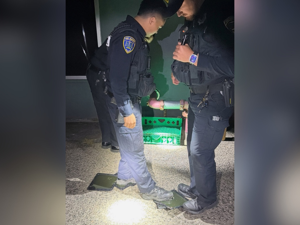 An officer with the San Mateo Police Department gets caught in a sticky trap for rodents while responding to a burglary call, authorities said.