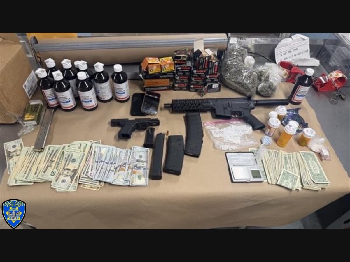 Drugs and weapons police say they seized in East Oakland on Wednesday, Oct. 14.