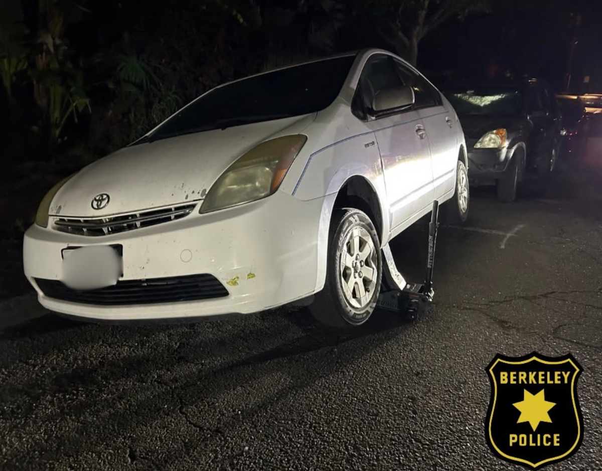 A car targeted by would-be catalytic converter thieves, according to police. 