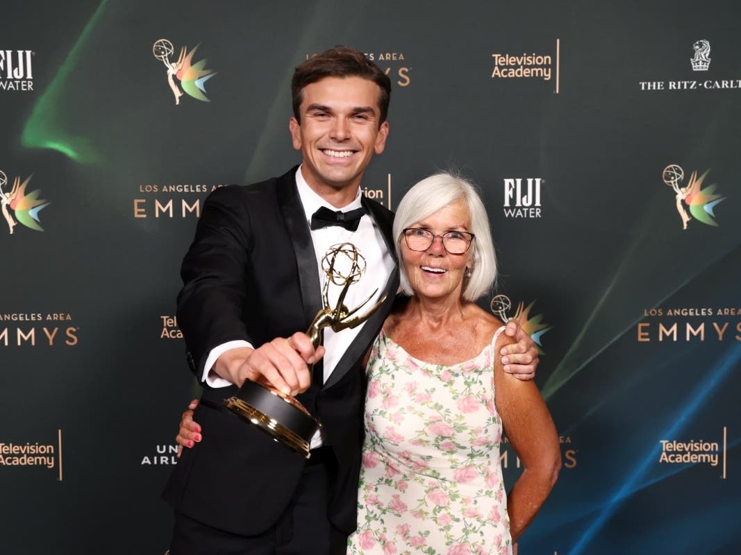 Taylor Shaub and his mom Margaret Poindexter after his Emmy win in 2026. 
