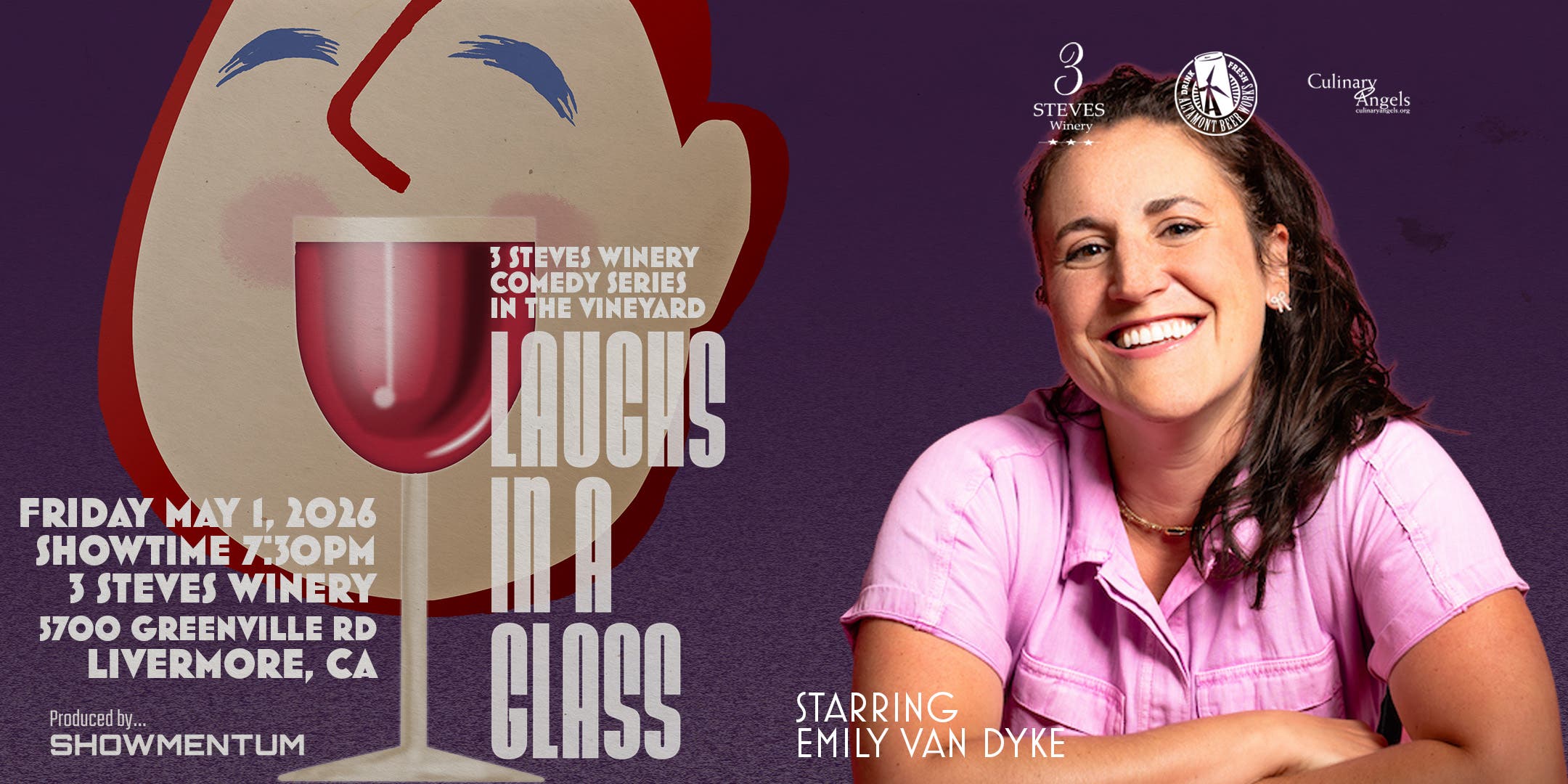 Laughs in a Glass at 3 Steves Winery Starring Emily Van Dyke May 1, 2026