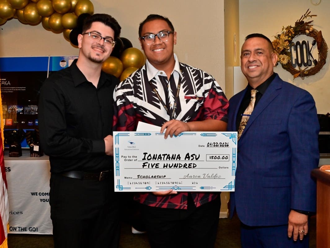 Tutoring brought SBCUSD high school student Ionatauna Asu from a low F to a high A. From left to right: Valdez tutor/mentor Toni Atieh, Ionatauna Asu and Valdez Educational Services CEO Aaron Valdez.