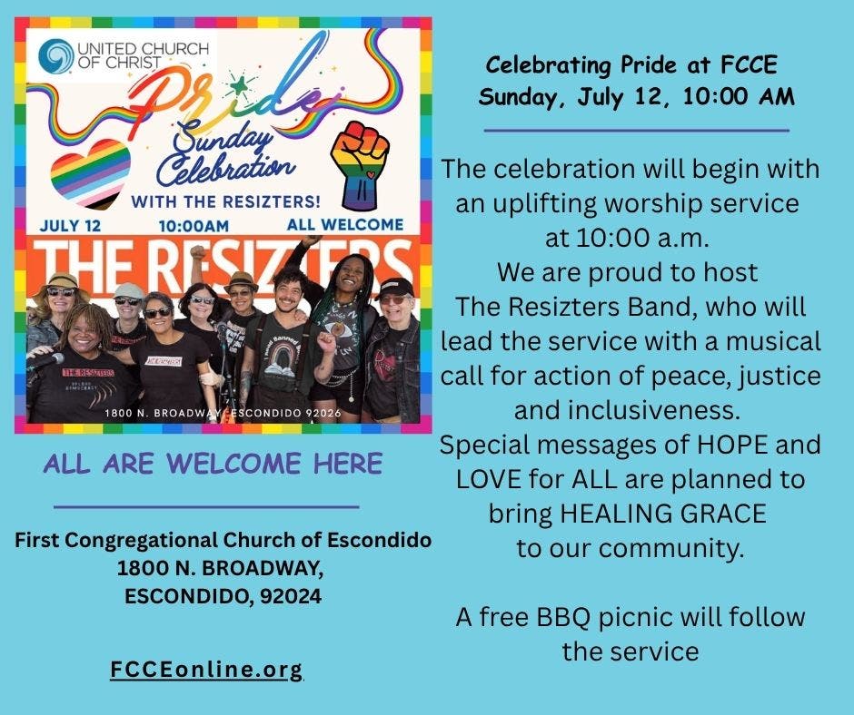 Pride Sunday at FCCE with live music by  "The Resizters"