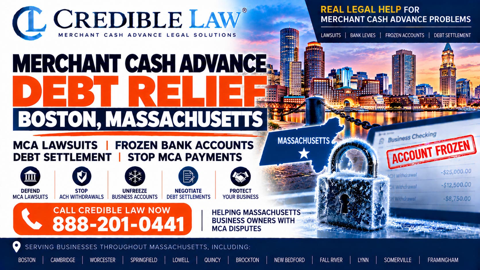 Merchant Cash Advance Debt Relief Boston MA — MCA Lawsuit & Frozen Bank Account Help