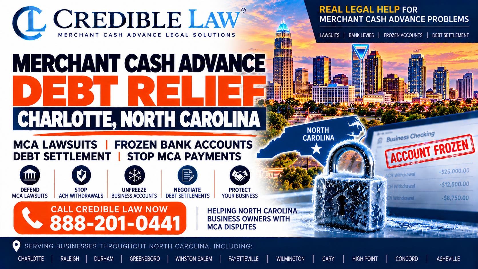Merchant Cash Advance Debt Relief Charlotte NC — MCA Lawsuit & Bank Account Help