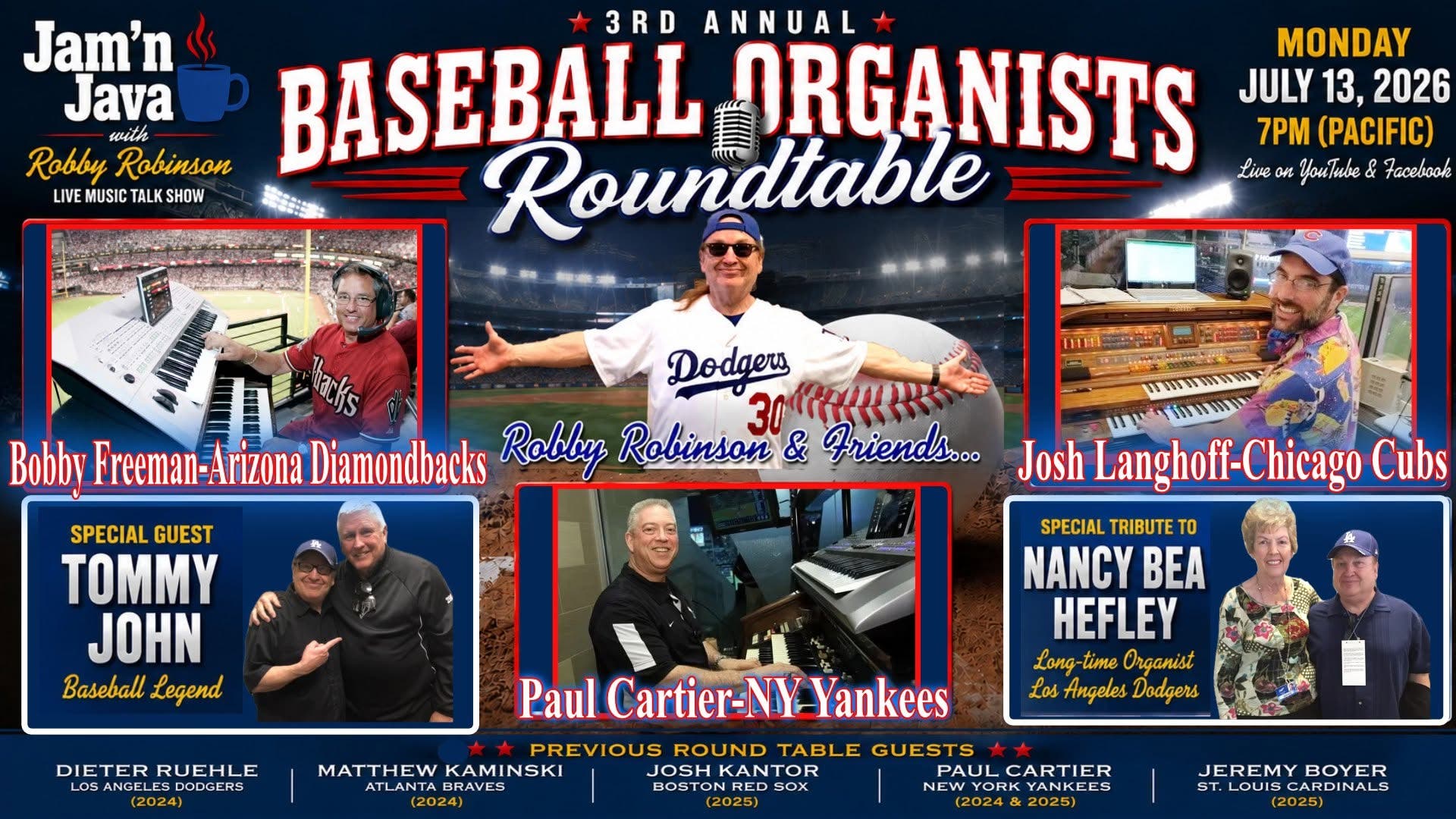 Hit a Homerun on Tonight's Jam' n Java with Guest Star Tommy John & a Panel of MLB Stadium Organists