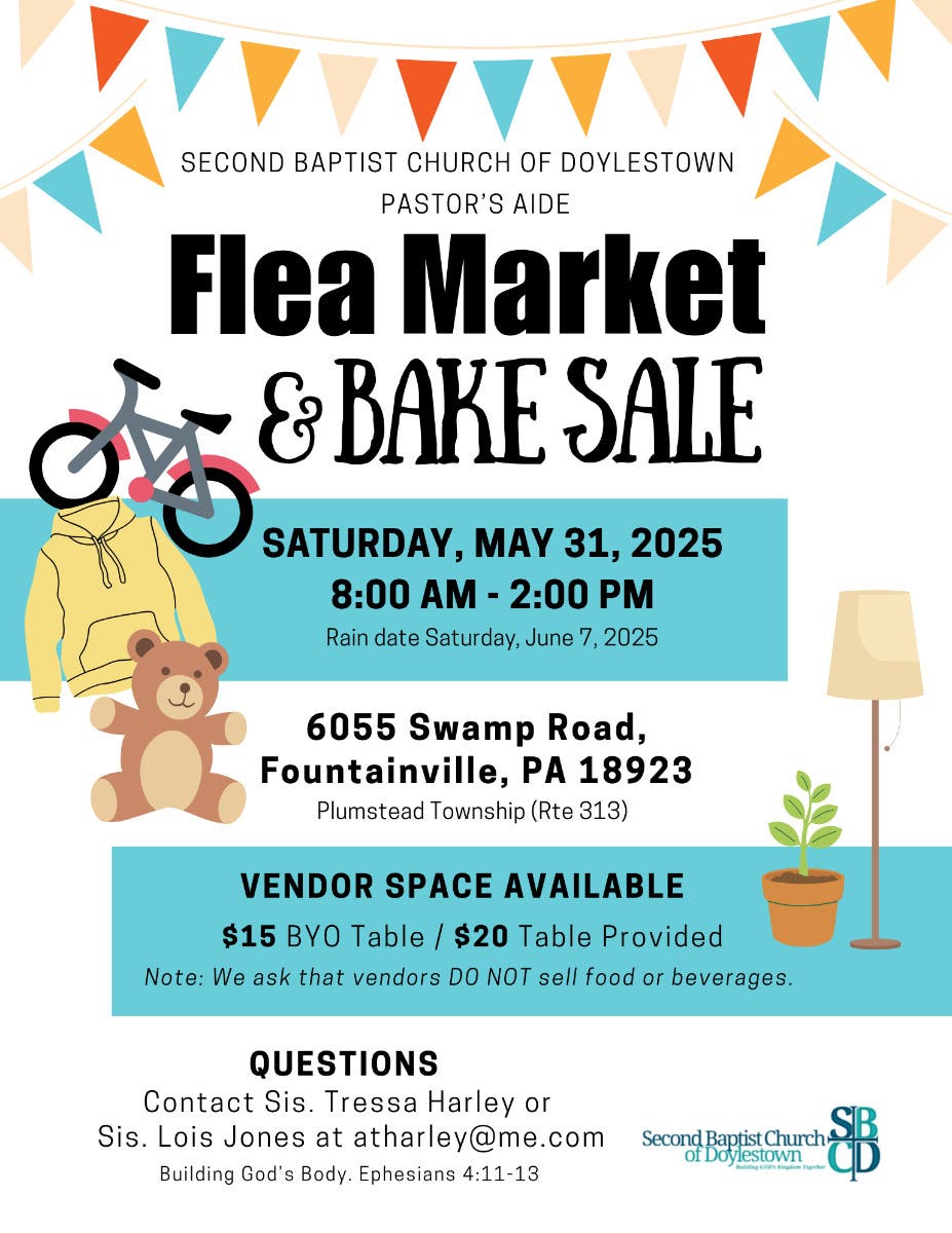 Second Baptist Church of Doylestown Flea Market & Bake Sale, 8AM- 2PM