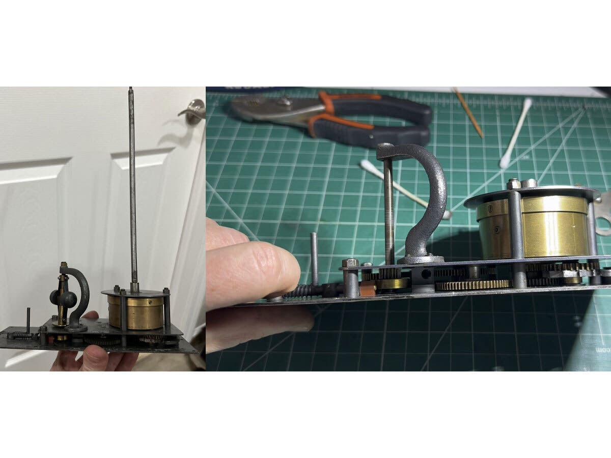 Before (L) and after (R) repairing the Kodak Cirkut No. 8's internals. (Marshall Roshto)
