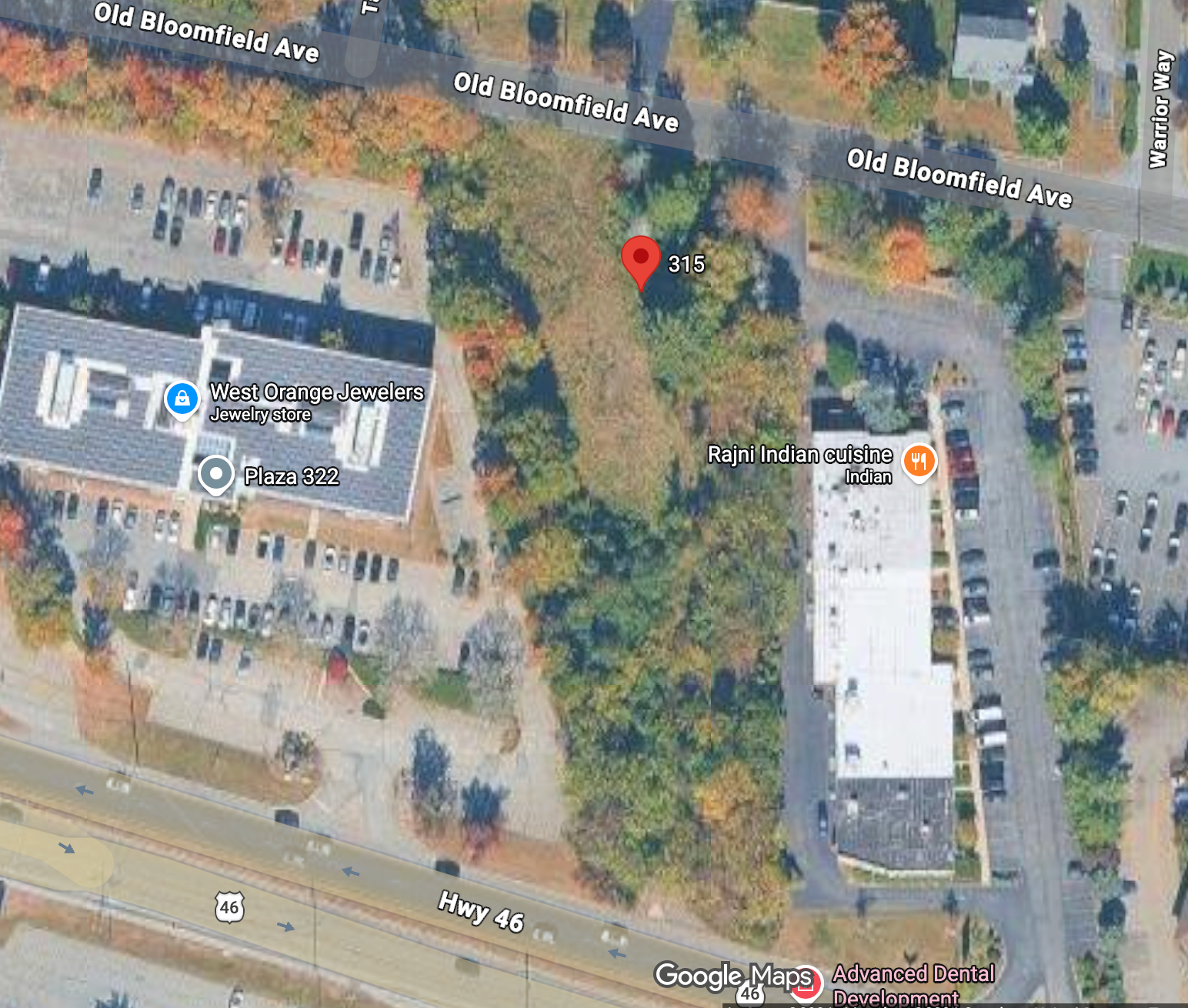 The site is the wooded area between Plaza 322 and Rajni Indian Cuisine. (Google Maps)