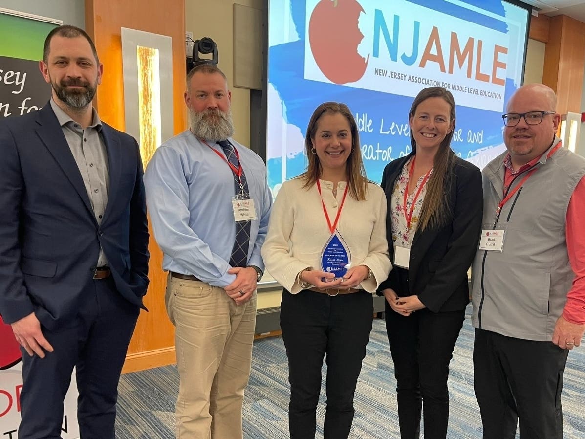 Pictured from left to right: Dr. William Kochis (Superintendent), Mr. Andrew White (BRMS Principal), Mrs. Krista Maico (BRMS Math Teacher), Mrs. Rebecca Tsihlas (BRMS Vice Principal), Mr. Brad Currie (Assistant Superintendent).