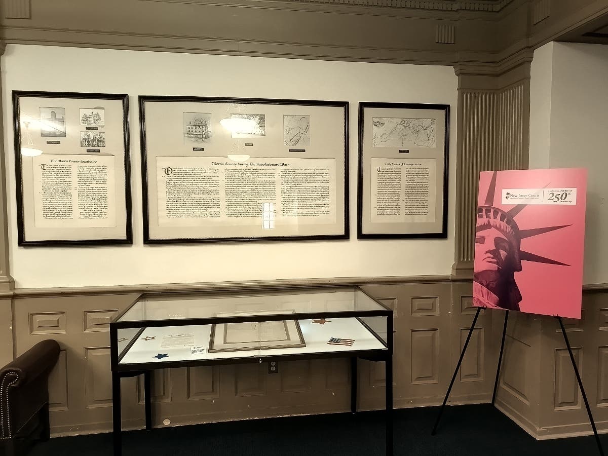 A wall display highlighting Morris County and the historic Morris County Courthouse during the Revolutionary War on the first floor of the Historic Morris County Courthouse.