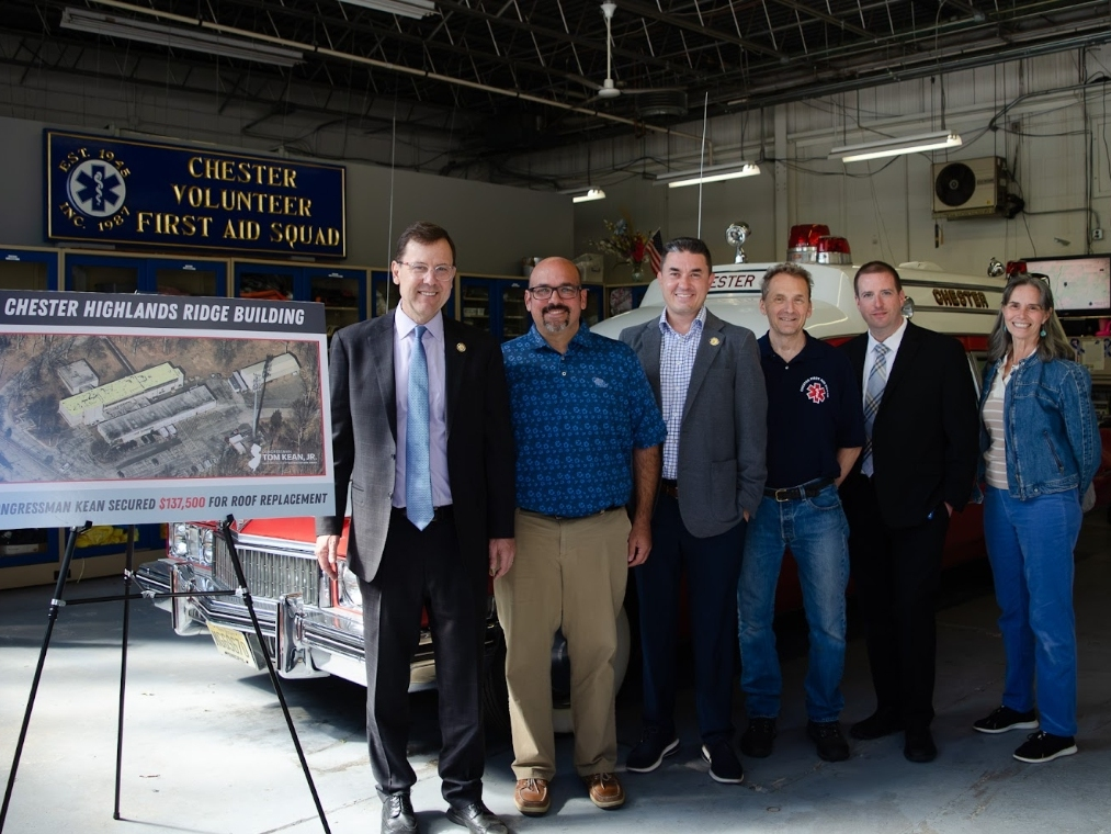 (L to R) Congressman Tom Kean, Jr., Chester Township Mayor Tim Drag, Assemblyman Mike Inganamort, Chester First Aid Squad Vice President Michael Ferrone, Atlantic Health Representative Glenn Dietz, and Chester Township Councilwoman Veronica Heinlein Wood.