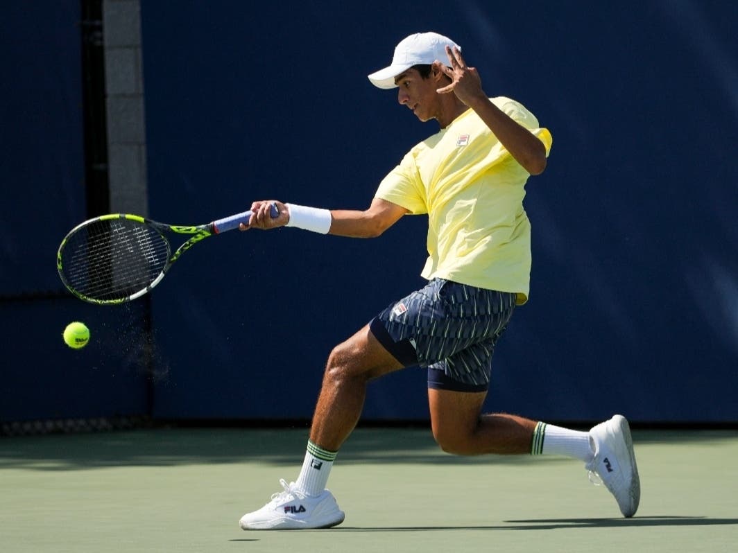Izyan Ahmad in action during a junior boys' singles match at the 2025 US Open on Sunday, Aug. 31, 2025 in Flushing, NY.