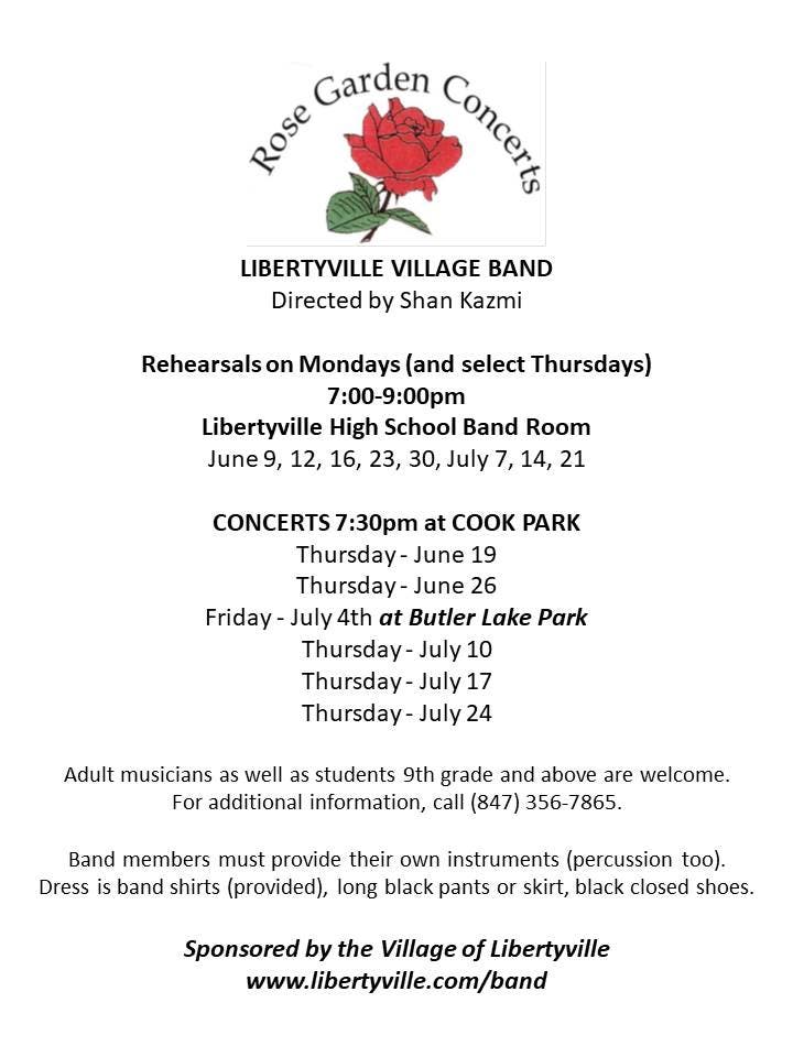 Libertyville Village Band Summer 2025 Concerts at Cook Park Rose Garden