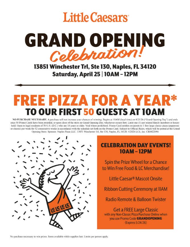 Little Caesars Celebrates Grand Opening of New Naples Restaurant with Free Pizza for a Year Giveaway