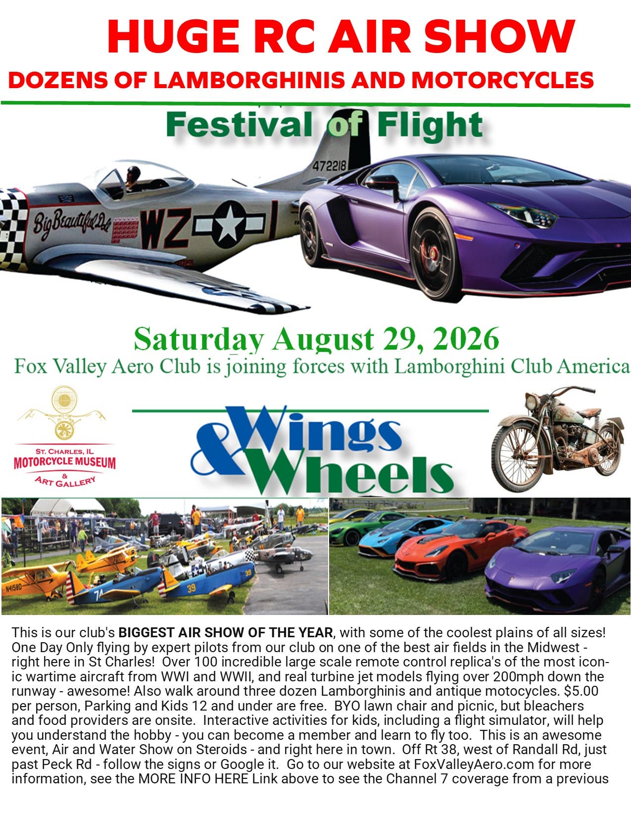 HUGE RC AIR SHOW - Festival of Flight - Wings & Wheels at the Fox Valley Aero Club 9am - 5pm