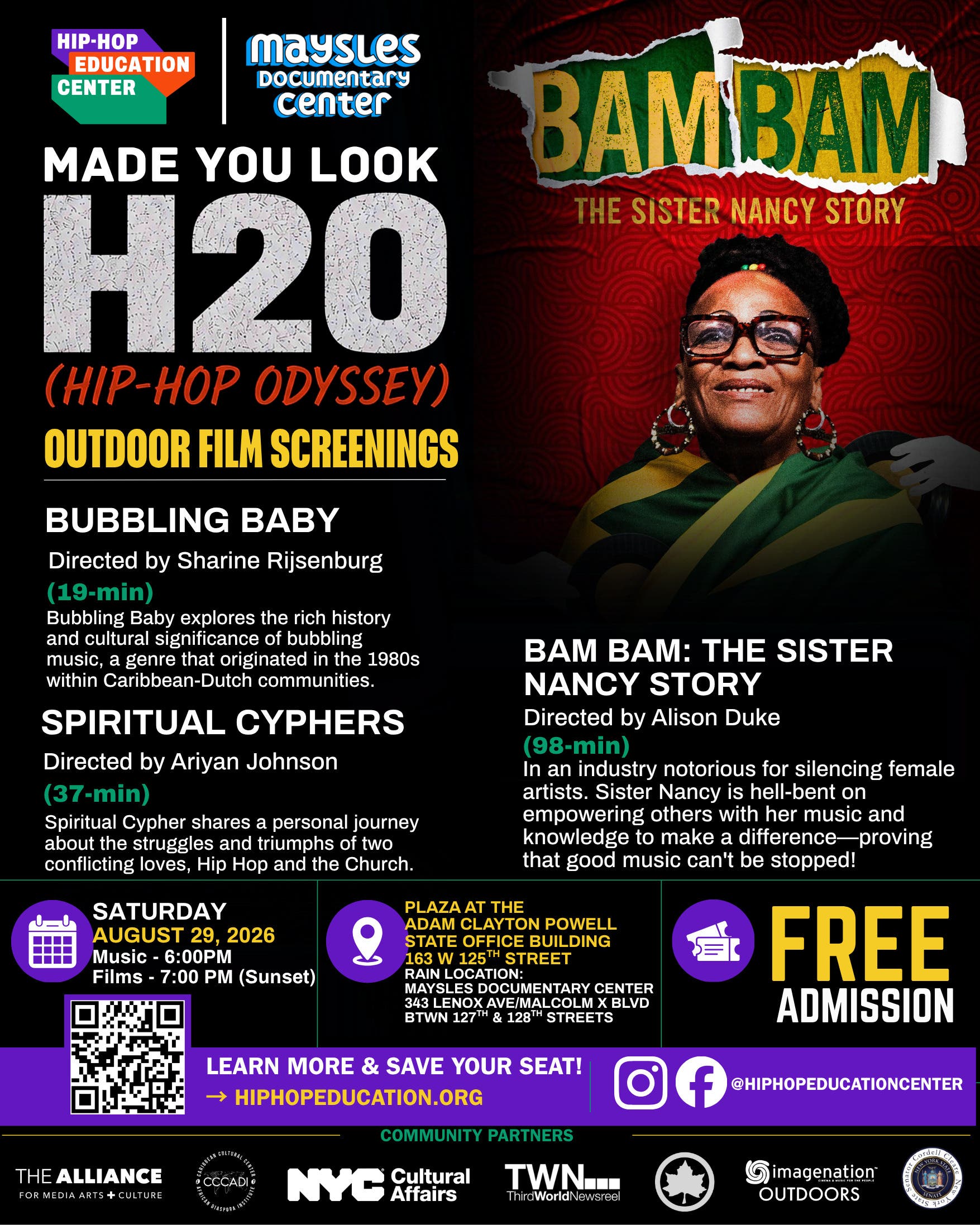 FREE SCREENING – BAM BAM: The Sister Nancy Story + BUBBLING BABY + SPIRITUAL CYPHERS: HIP HOP AND TH
