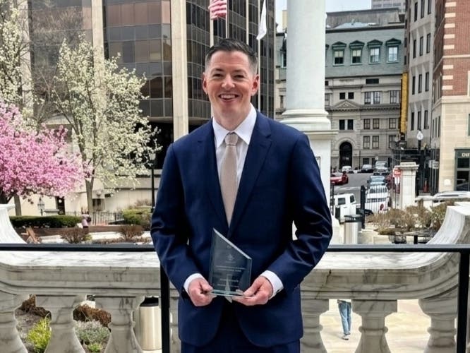 Claremont Academy history teacher Joseph Moriarty, a Worcester Public Schools educator and proud Worcester State University alumnus, has been recognized with the 2026 Massachusetts State Universities Educator Alumni Award