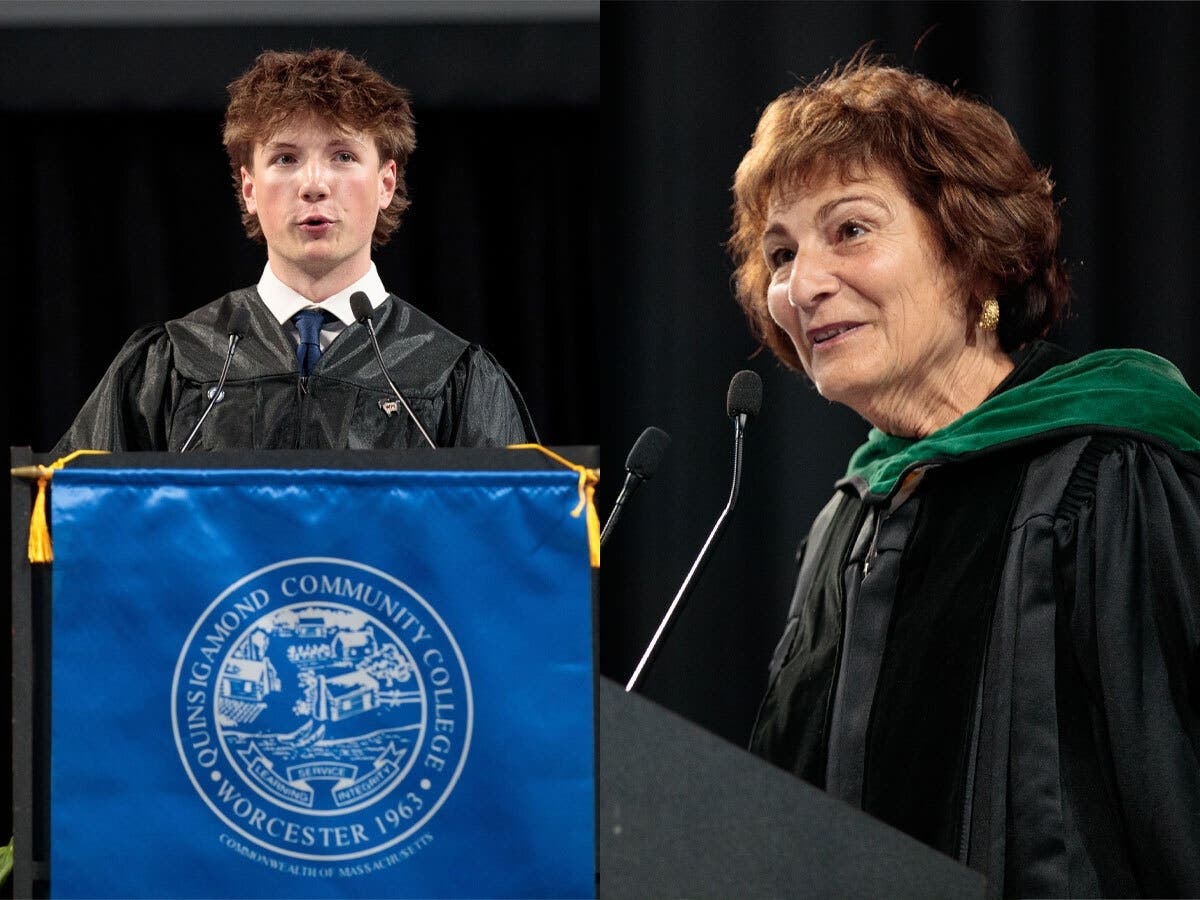 Student Government Association President Ryan Heath and keynote speaker Dr. Matilde Castiel are giving remarks at QCC’s 2026 commencement ceremony.