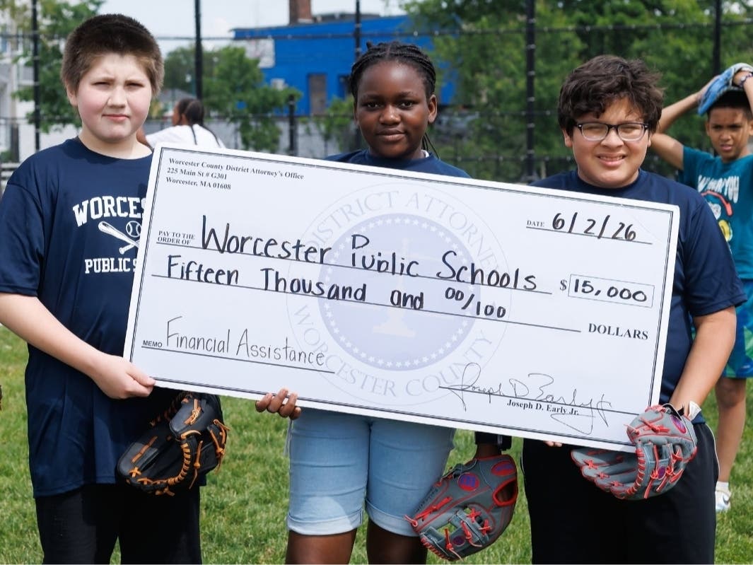 District Attorney Joseph Early donated $15,000 to support after-school baseball clinics for sixth-grade students at Worcester East Middle School, Union Hill School, Belmont Street Community School, Grafton Street School and Clark Street Community School.