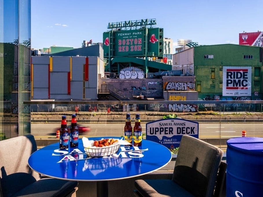 The Sam Adams Upper Deck, sponsored by Samuel Adams, is located at Hotel Commonwealth, 500 Commonwealth Ave., near Fenway Park.