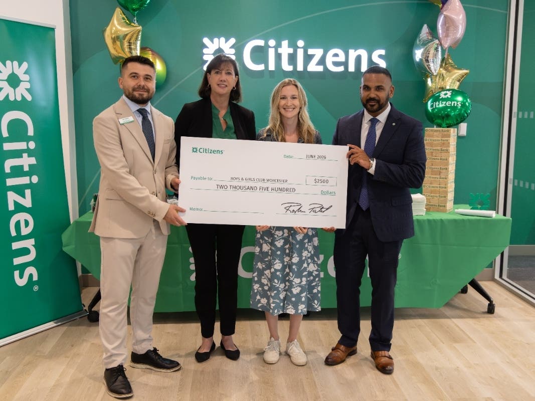 Edi Berisha, Branch Manager, Citizens Shrewsbury; Lisa Murray, Massachusetts State President, Citizens; Leah Motsis, Director of Development, Boys & Girls Club of Worcester; Roshan Patel, Retail Market Executive for New England South, Citizens.