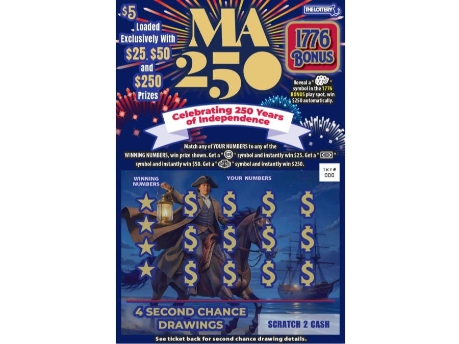 The new $5 “MA 250” ticket went on sale Wednesday at Mass Lottery retailers across the state. The limited-edition ticket supports Massachusetts’ Semiquincentennial campaign and features cash prizes of $25, $50 and $250, according to the Lottery.
