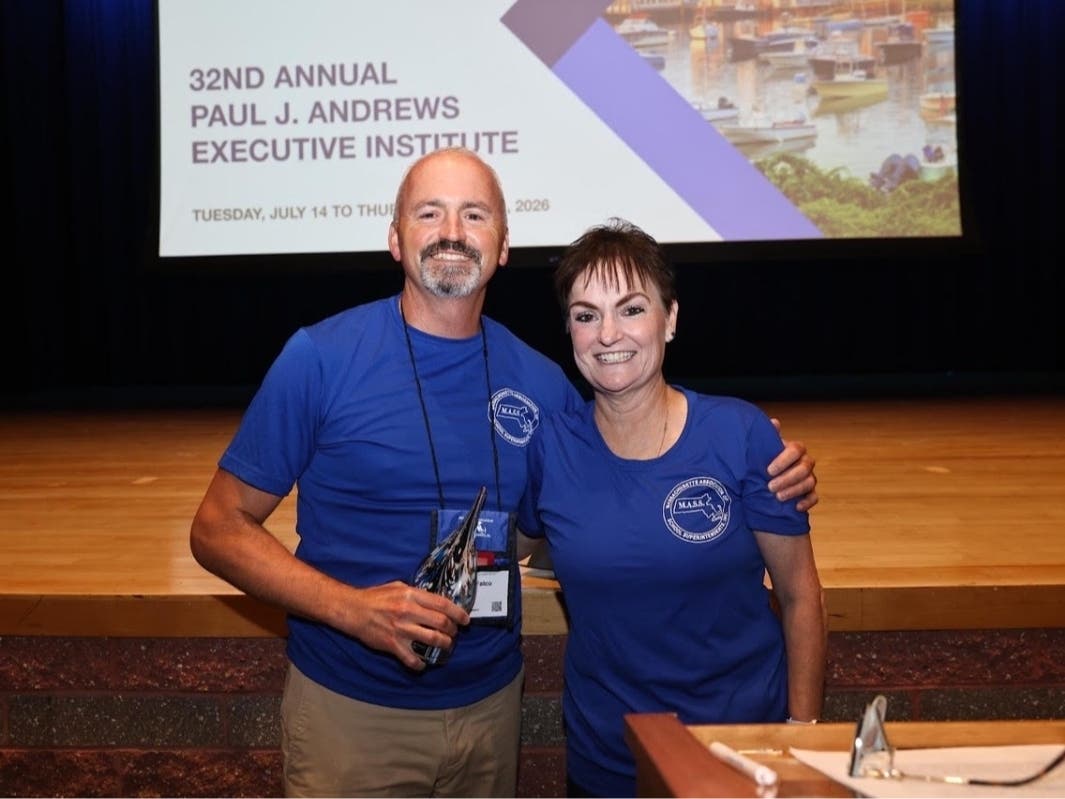 Dr. Jason DeFalco accepts the 2026 Dr. Christos Daoulas Award from M.A.S.S. Executive Director Dr. Mary Bourque in Mashpee.