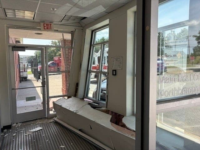 Structural damage at the Northborough Post Office on West Main Street following a motor vehicle crash on Tuesday.