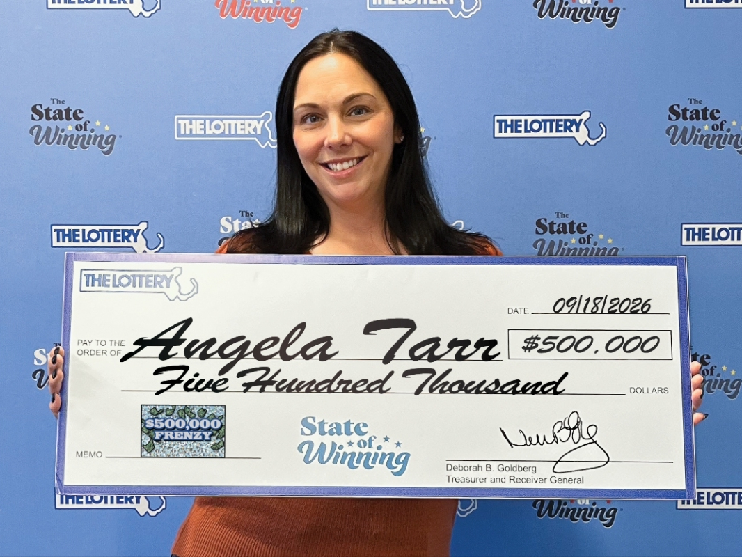 Angela Tarr of Leominster won a $500,000 grand prize in the Massachusetts State Lottery’s “$500,000 Frenzy” scratch-off game.
