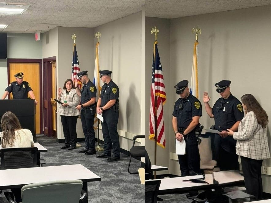 Officers Ryan Marshall and Jacob Pond were sworn in last week, the Wrentham Police Association announced on Monday.
