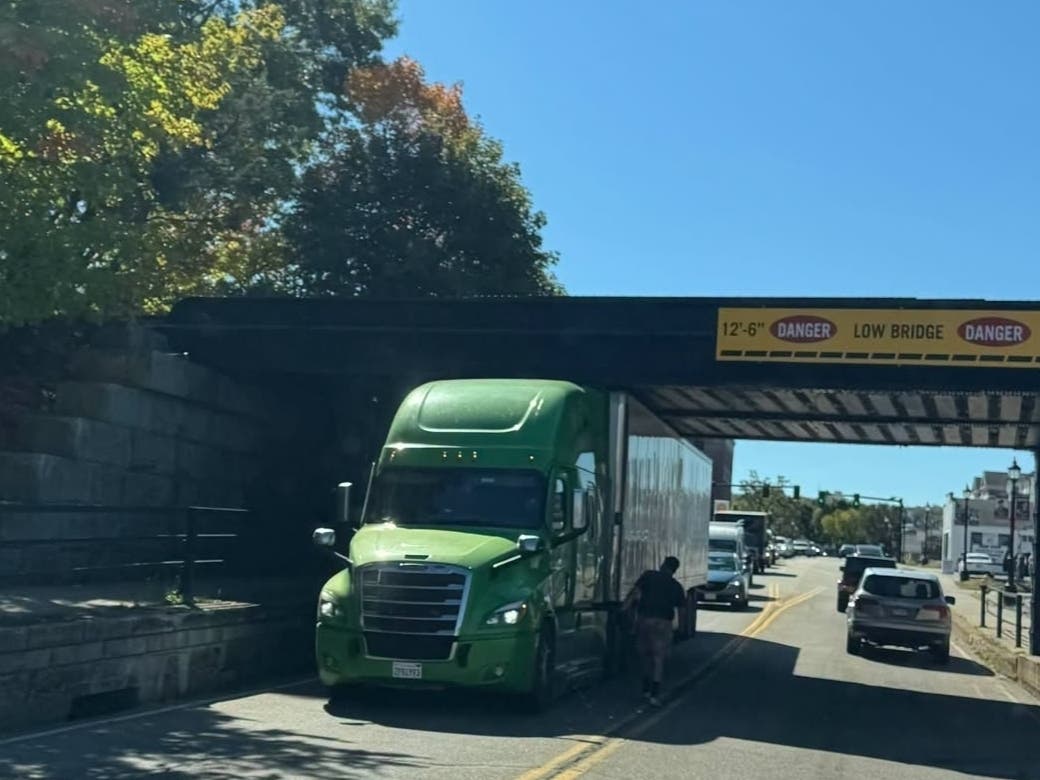A truck became wedged beneath the East Main Street bridge in Westborough on Wednesday.