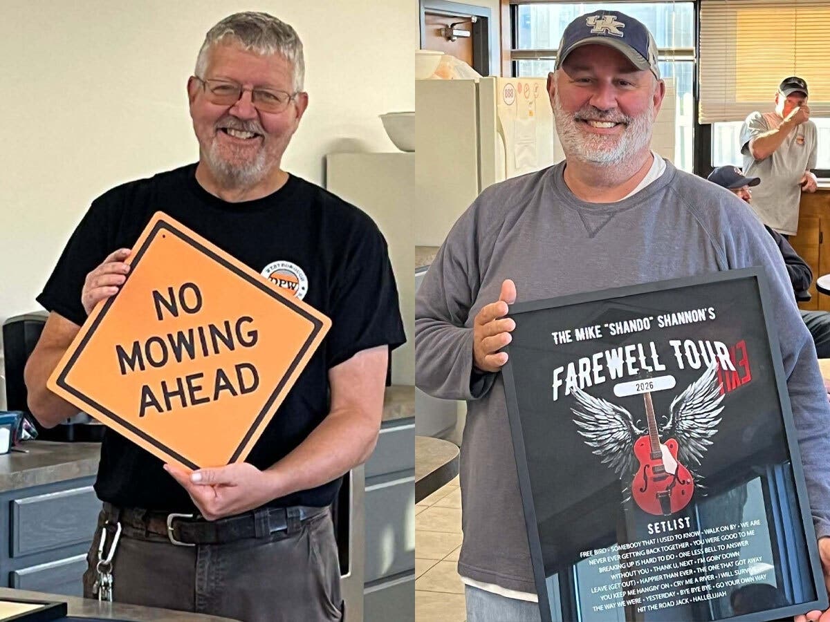 Department of Public Works employees Joe Jackman and Michael Shannon are retiring. The department held a farewell celebration for the pair on Wednesday.