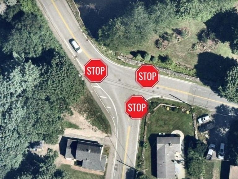 A three-way stop went into effect on Thursday morning at the intersection of Old Mill Road and Harrington Avenue in Shrewsbury. Crews installed new signs overnight, according to town officials.