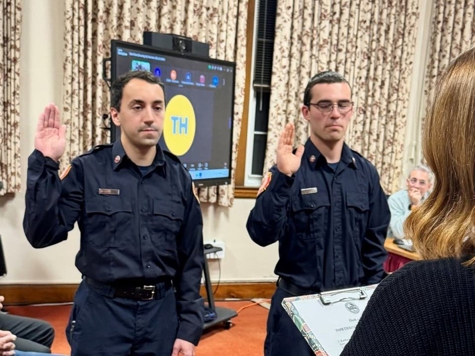 Two new Northborough firefighters, Zach Ashman and Drew Gage, were sworn in on Monday before the community.