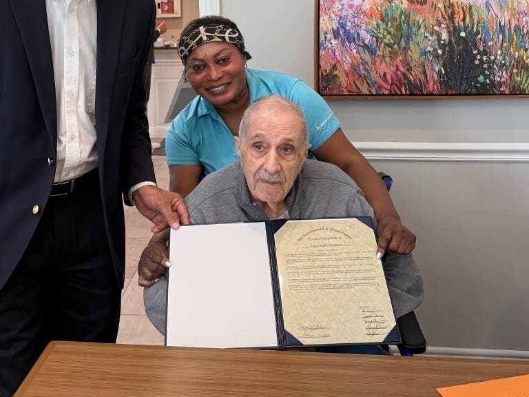 Bob Ghiz celebrated his 100th birthday at Benchmark Senior Living at Shrewsbury Crossings, where Select Board member Anand Sharma presented the proclamation on behalf of the board, the town announced on Monday. 