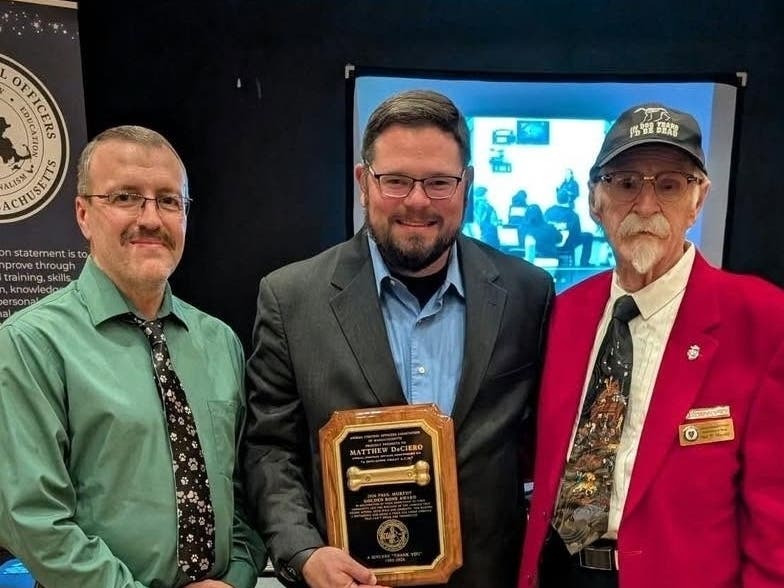 Shrewsbury Animal Control Officer Matt DeCiero received the Paul Murphy Golden Bone Award during the Animal Control Officers Association of Massachusetts’ recent annual meeting.