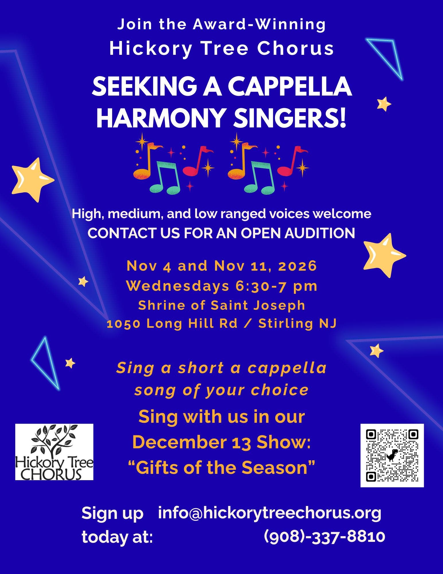 Nov 2026 Open Auditions to Join Award Winning Hickory Tree Chorus!
