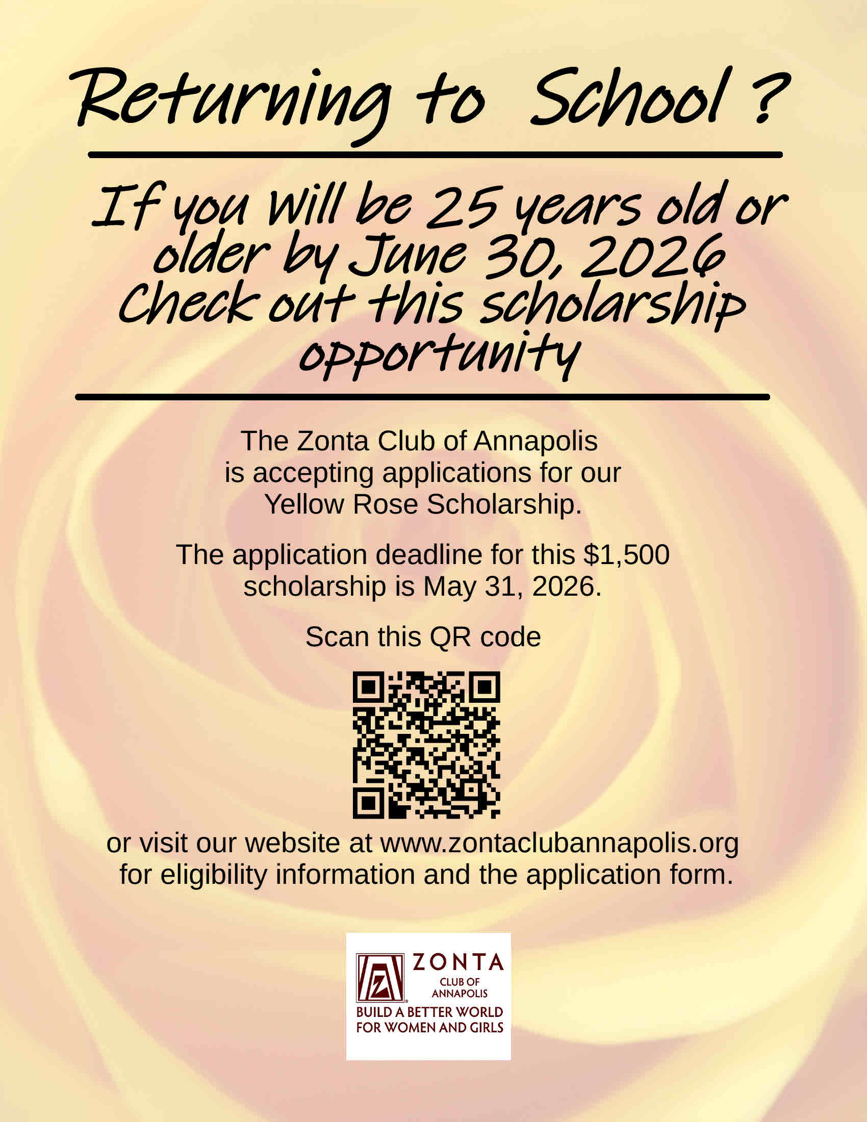 Application deadline for Zonta Club of Annapolis $1,500 Yellow Rose Scholarship