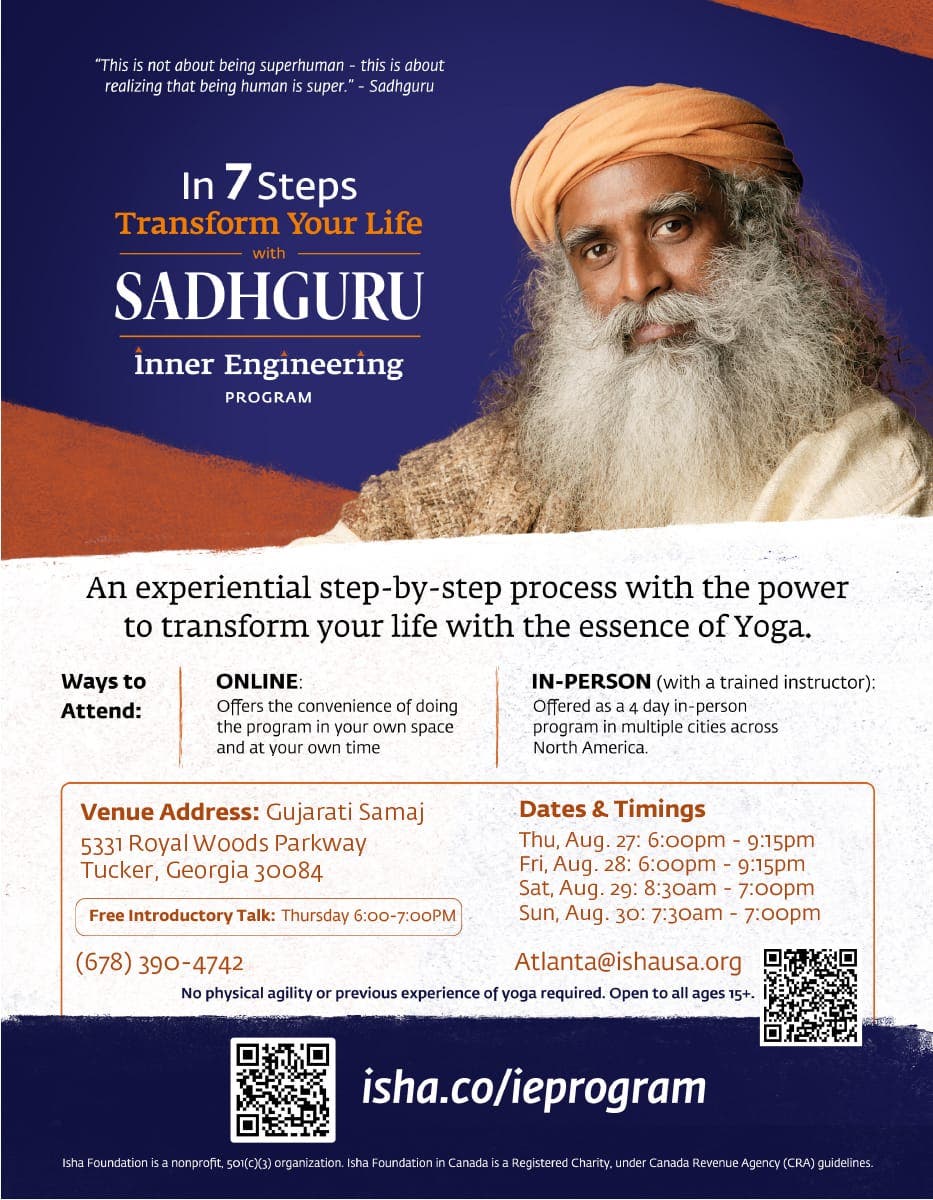 🌸🌿 Inner Engineering In-Person program in Tucker GA, from August 27th to 30th 2026 🥁