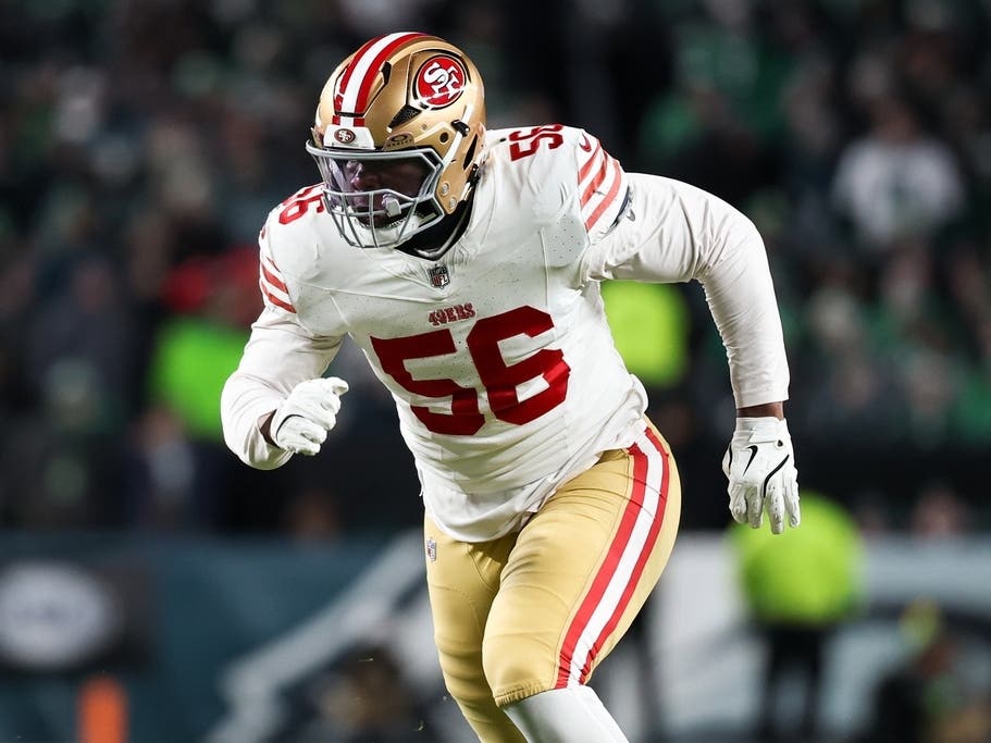 San Francisco 49ers defensive end Keion White runs during the first half of an NFL wild card playoff football game against the Philadelphia Eagles. He was shot early Monday in San Francisco. 