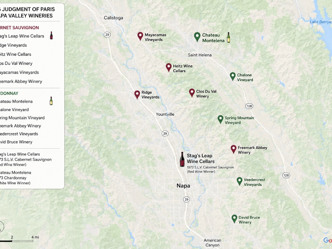 A map of the Napa wineries that submitted bottles to the May 24, 1976 "Judgment of Paris" tasting. 