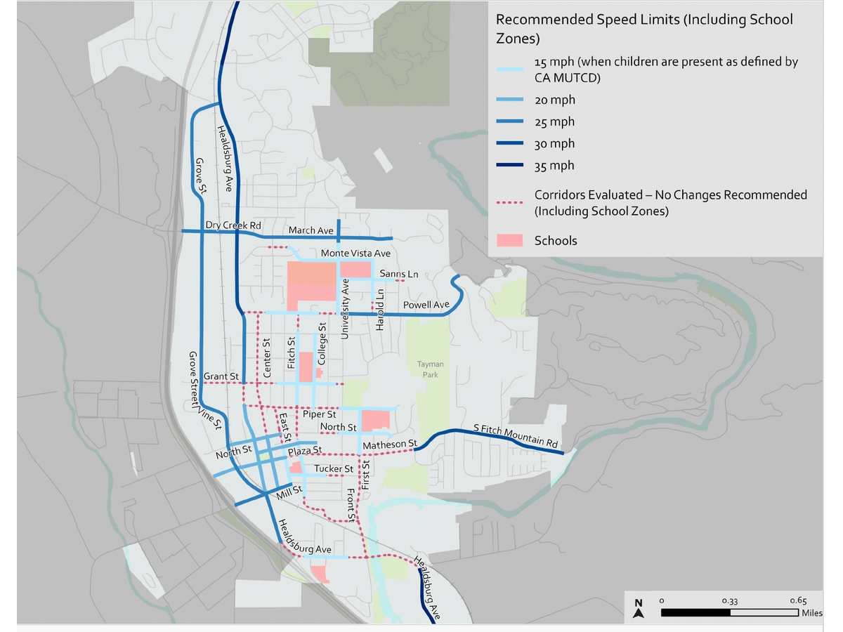 Healdsburg drivers will be seeing lower speed limits on a sizable list of downtown streets, school zones, and corridors.