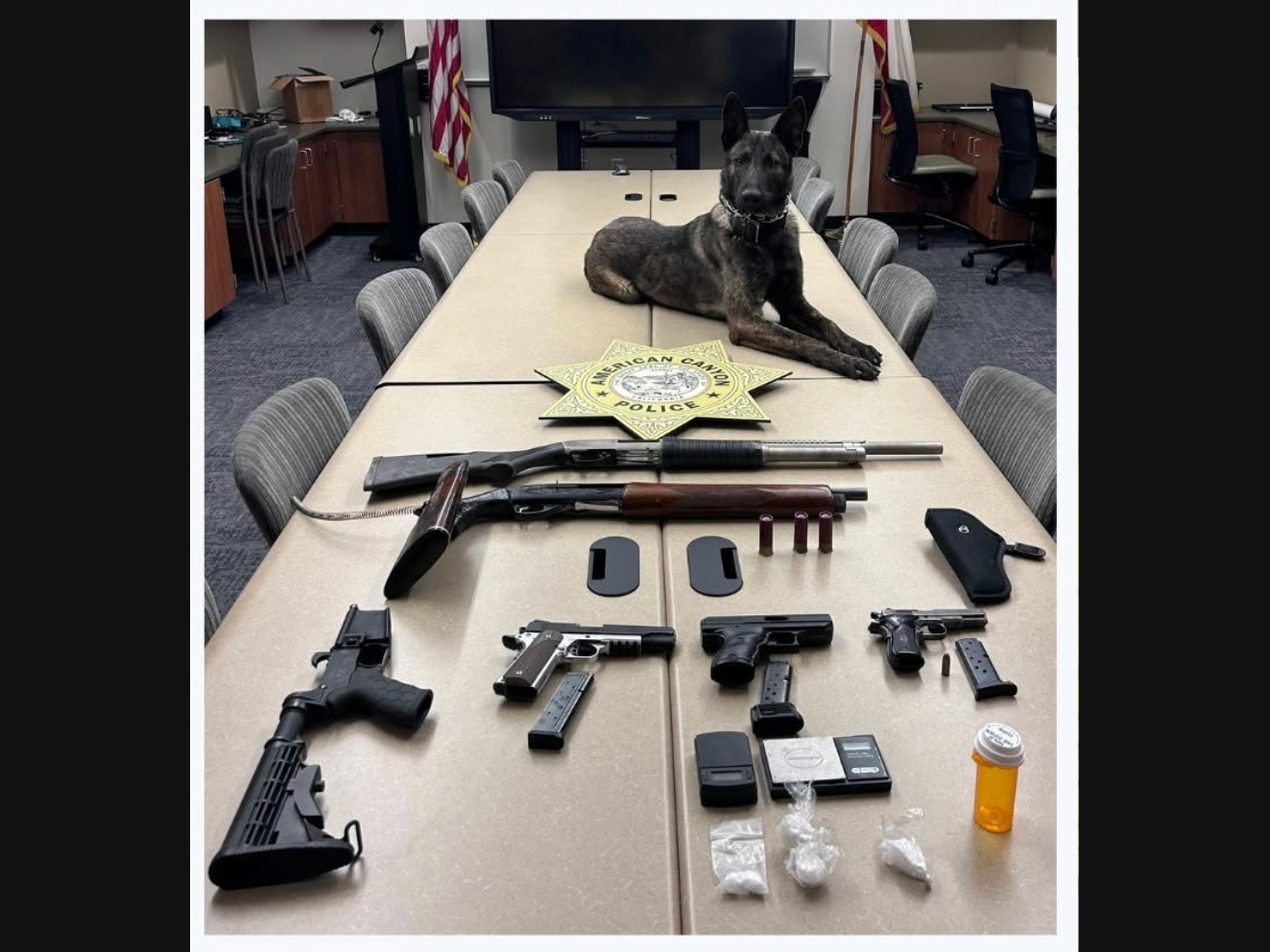 American Canyon police arrested a man after a K-9 led to suspected methamphetamine along with items they said are commonly associated with the sale of illegal narcotics.