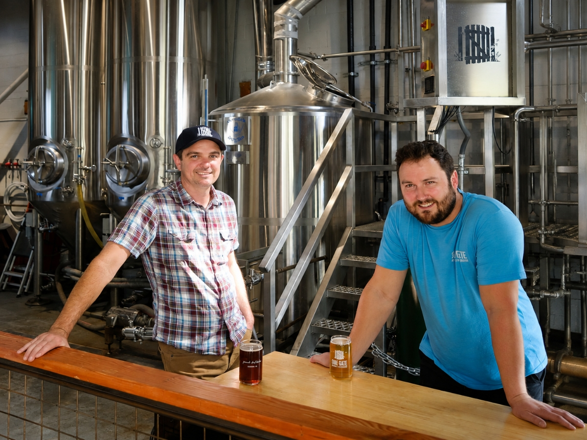 Paul Culbertson and Keven Wilson (right) co-founders of the Side Gate Brewery & Beer Garden in Concord are celebrating five years at Los Santos Plaza in Concord.