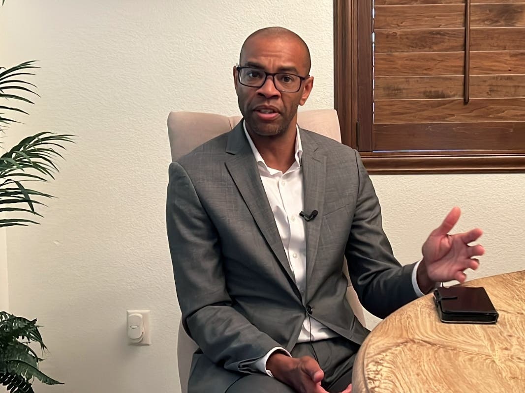 Antioch Mayor Lamar Thorpe speaks at his home in Antioch, Calif., Wednesday April 19, 2023. He announced Wednesday online that federal prosecutors plan to seek a politically-motivated federal indictment against him.
