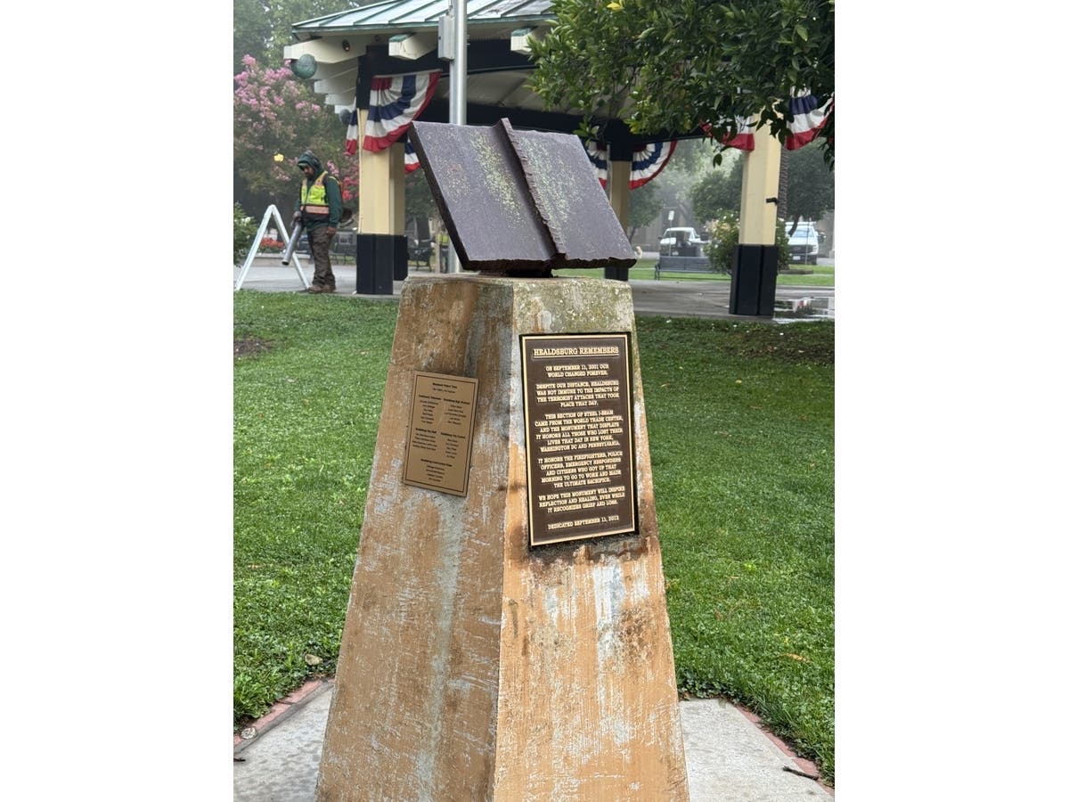 A World Trade Center I-beam anchors a memorial in the Healdsburg Plaza where local first responders will read the names of people killed in the 2001 Twin Tower bombing during a memorial on Sept. 11 beginning 6 p.m.