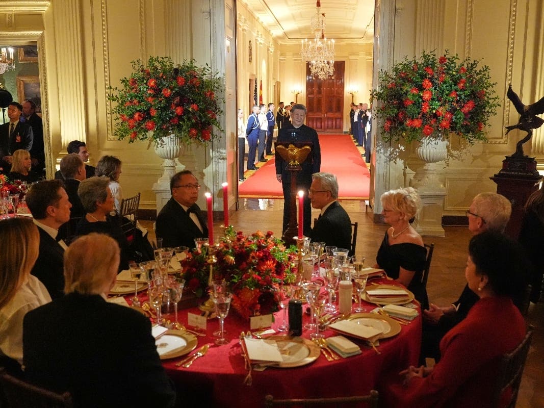 President Donald Trump, first lady Melania Trump and Peng Liyuan listen as China's President Xi Jinping speaks during a State Dinner in the East Room of the White House. The Napa winery behind Thursday’s toast has a long history at White House dinners.